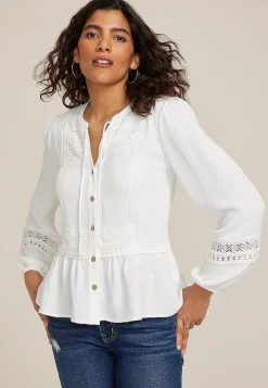 Maurices Shirts & Blouses-Crochet Trim Tie Front Peplum Top