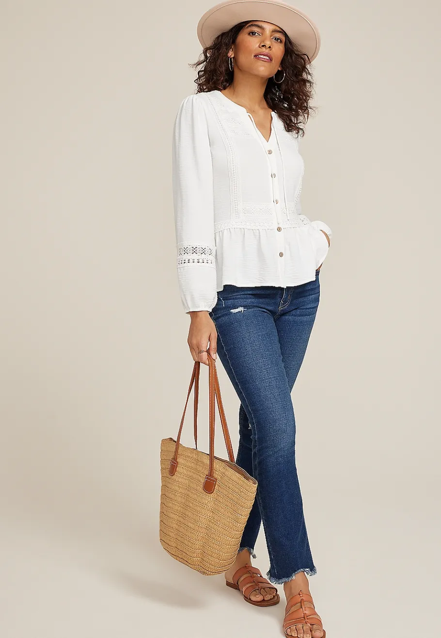 Maurices Shirts & Blouses-Crochet Trim Tie Front Peplum Top