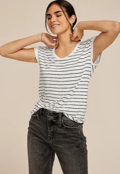 Maurices Tees-Striped Grommet Shoulder Scoop Neck Tee