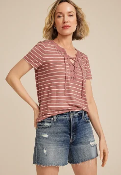 Maurices Tees-Striped Lattice Front Short Sleeve Tee