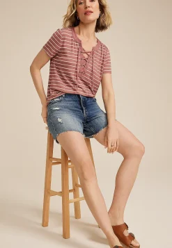 Maurices Tees-Striped Lattice Front Short Sleeve Tee