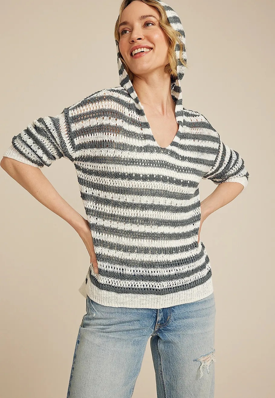 Maurices Sweaters Cardigans & Kimonos-Striped Open Stitch Hooded Pullover