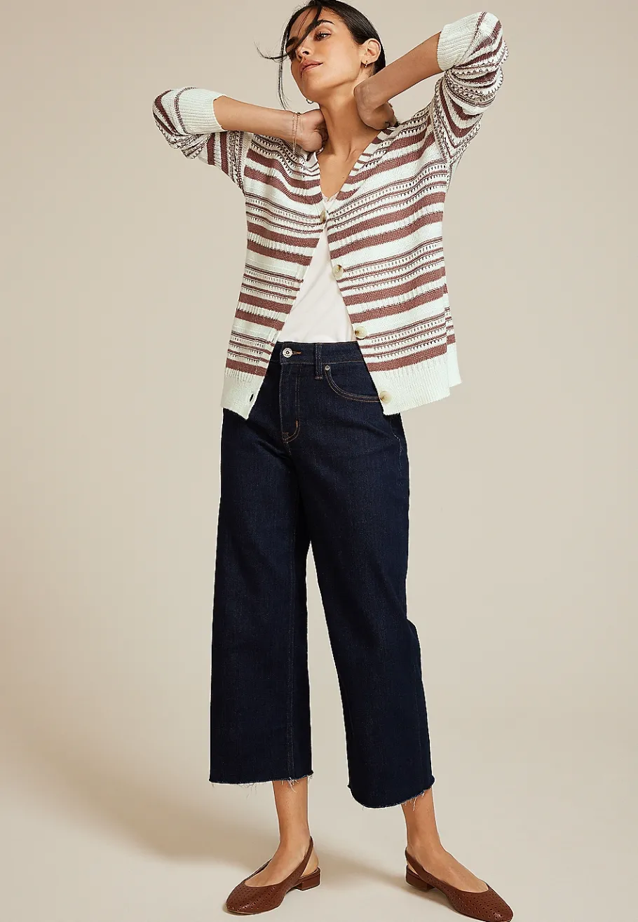 Maurices Sweaters Cardigans & Kimonos-Striped Pointelle Button Front Cardigan