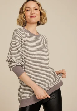 Maurices Sweatshirts-Striped Waffle Crew Neck Tunic Sweatshirt