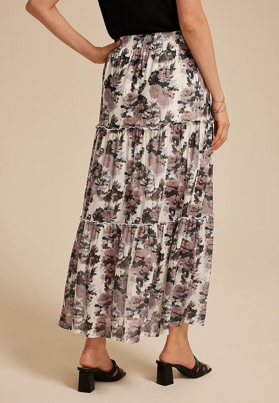 Maurices Skirts-Studio Y Abstract Floral Mesh Tiered Maxi Skirt