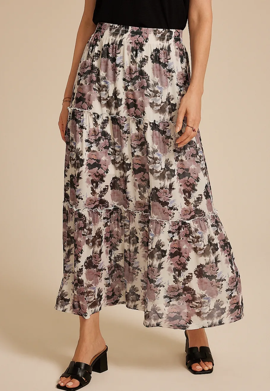 Maurices Skirts-Studio Y Abstract Floral Mesh Tiered Maxi Skirt