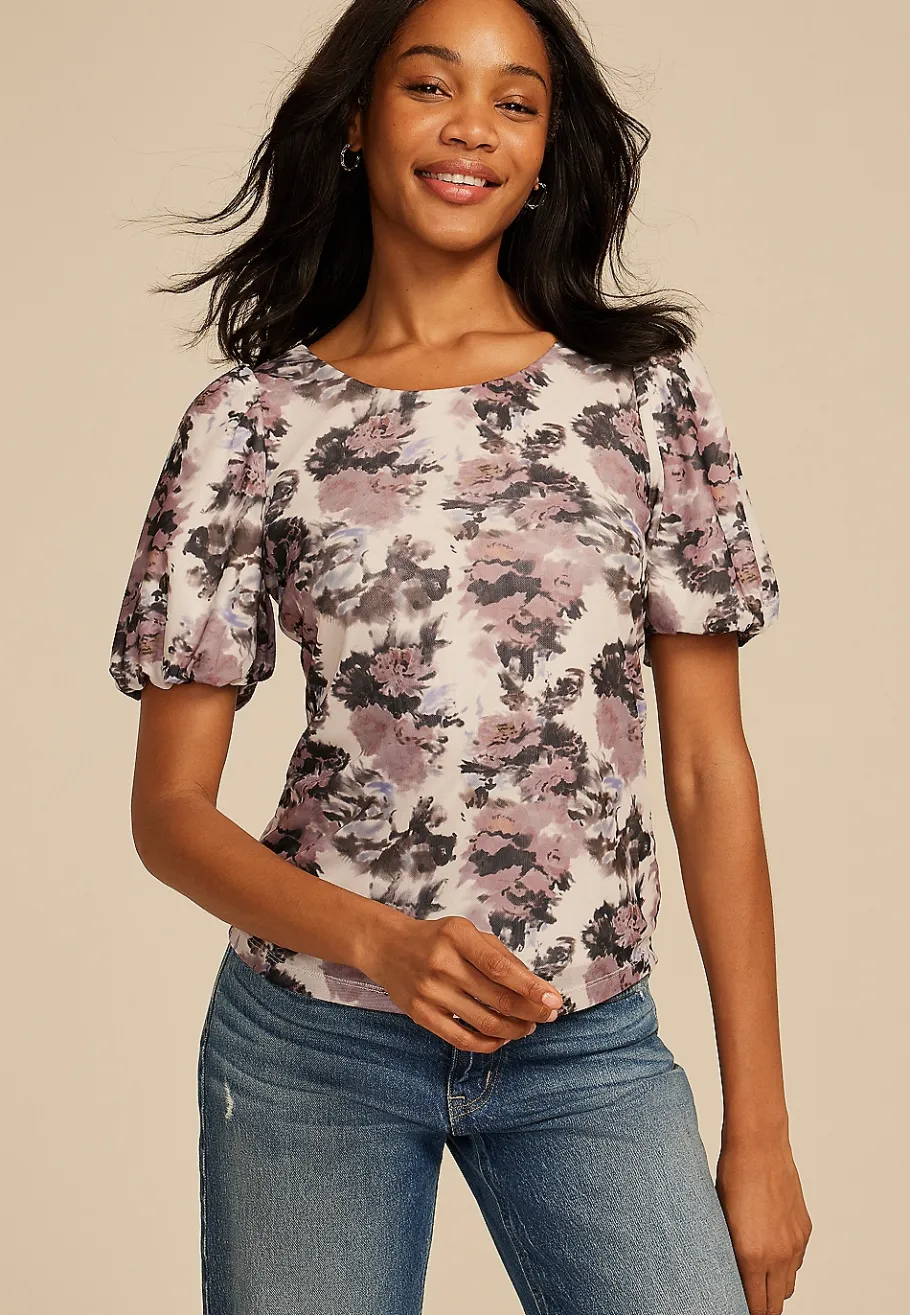 Maurices Tees|Shirts & Blouses-Studio Y Abstract Floral Mesh Puff Sleeve Blouse