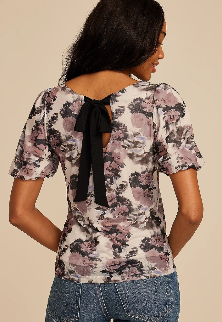 Maurices Tees|Shirts & Blouses-Studio Y Abstract Floral Mesh Puff Sleeve Blouse
