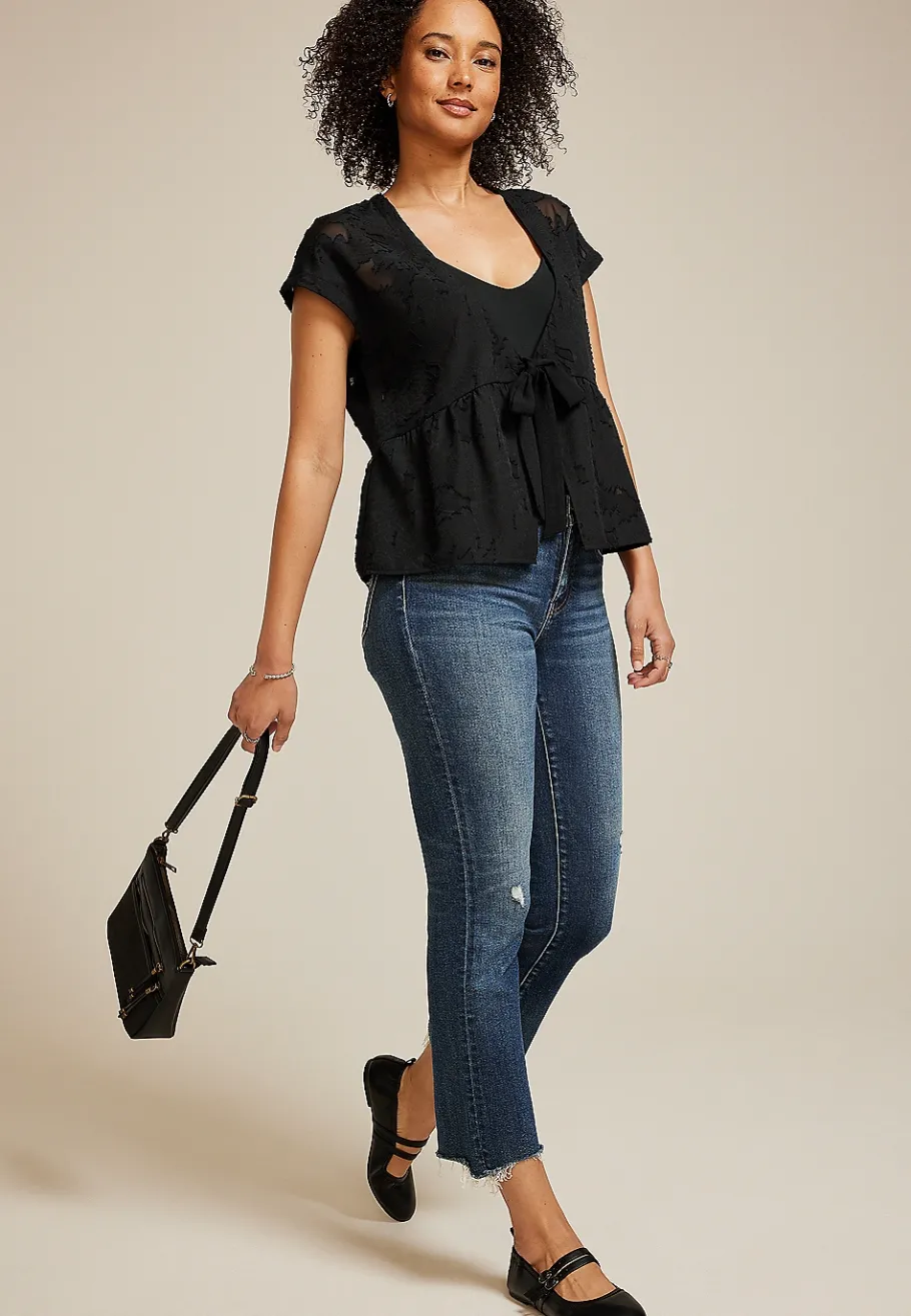 Maurices Sweaters Cardigans & Kimonos-Studio Y Jacquard Front Tie Peplum Cardigan