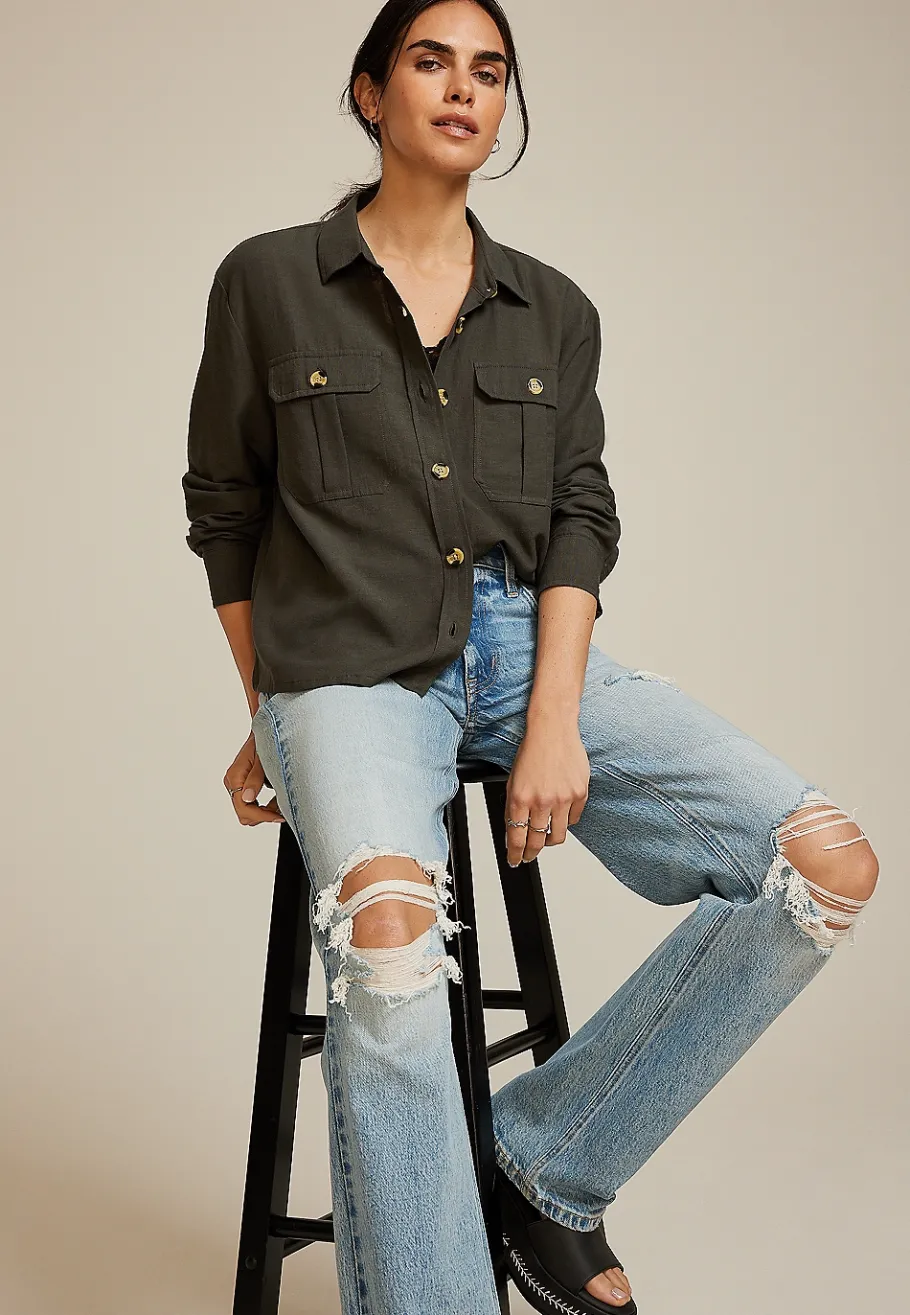 Maurices Plaid & Button Down Shirts-Utility Relaxed Button Down Shirt