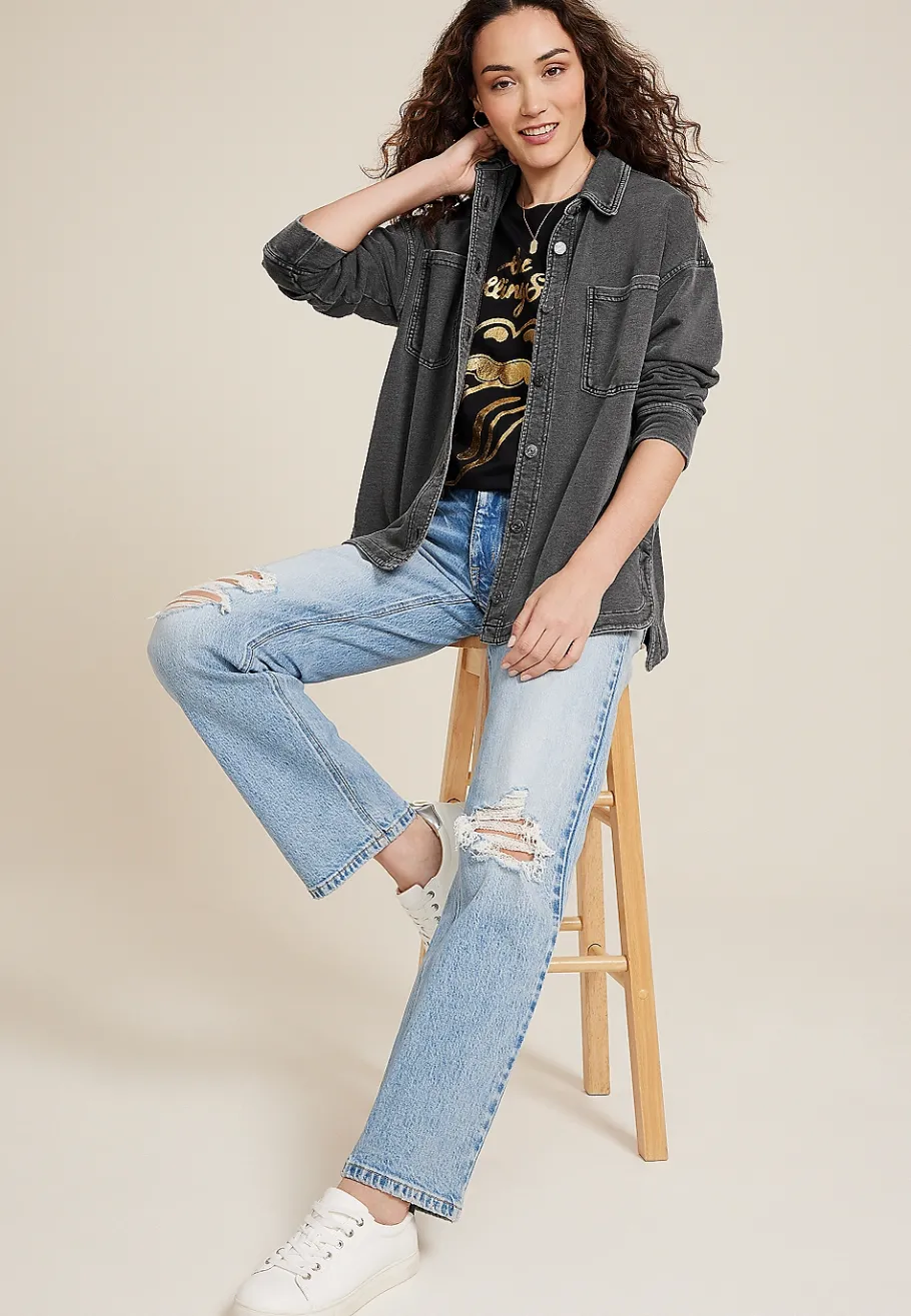 Maurices Plaid & Button Down Shirts|Jackets-Washed Knit Denim Shacket