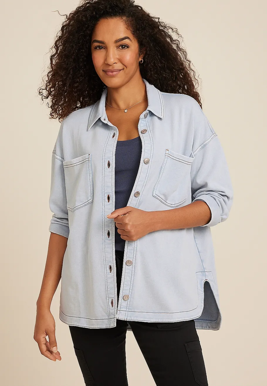 Maurices Plaid & Button Down Shirts|Jackets-Washed Knit Denim Shacket