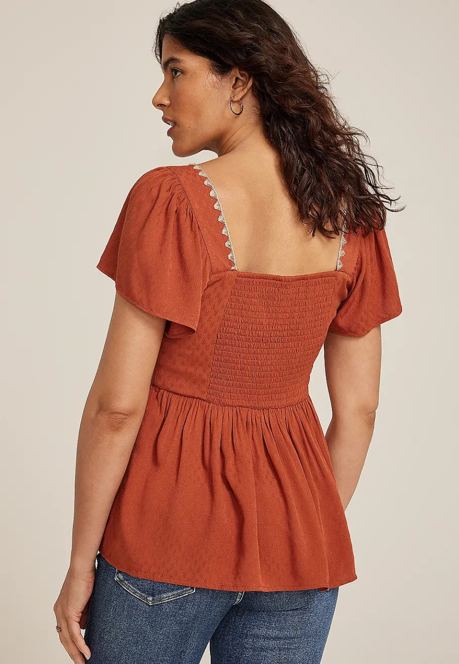 Maurices Shirts & Blouses-Whipstitch Embroidered Flutter Sleeve Babydoll Blouse