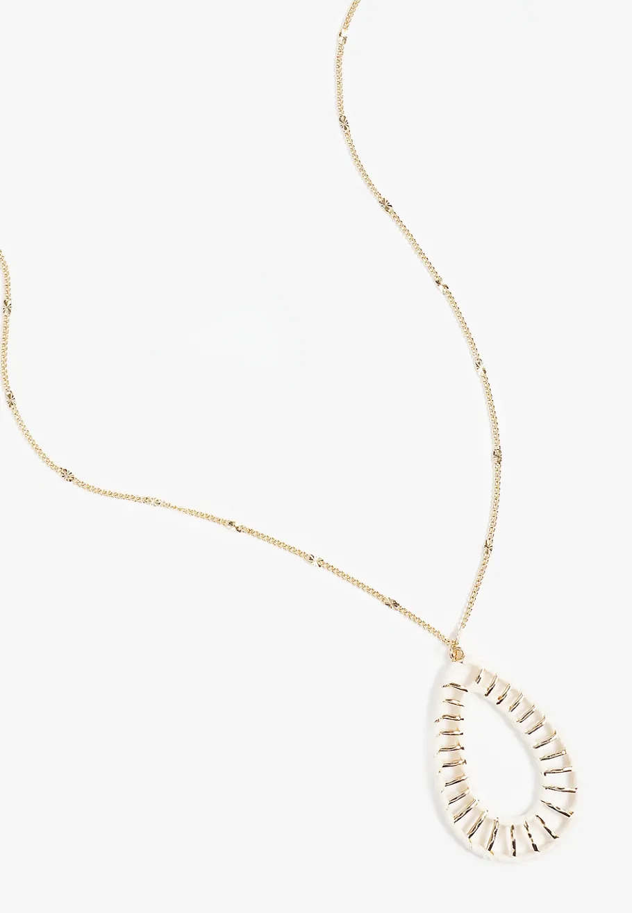 Maurices Necklaces-White Raffia Wrapped Border Teardrop Pendant Necklace