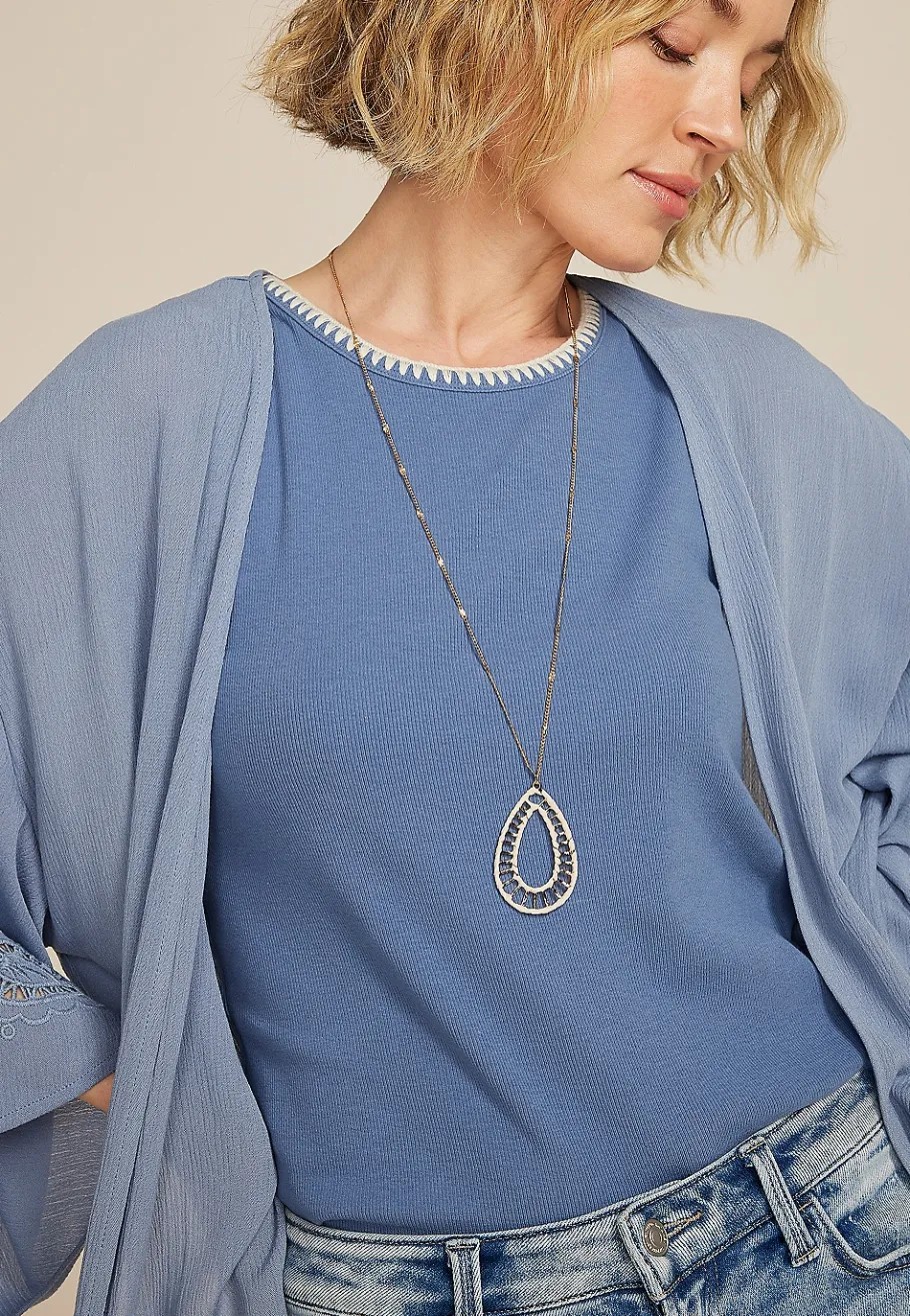 Maurices Necklaces-White Raffia Wrapped Border Teardrop Pendant Necklace